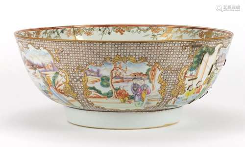 Large Chinese porcelain punch bowl, hand painted in the famille rose palette with figures, 31.5cm in