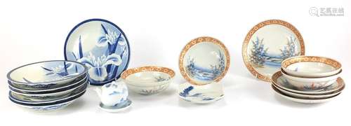 Japanese porcelain including blue and white flower dishes, the largest each 20cm in diameter : For