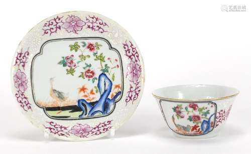 Chinese porcelain ta bowl and saucer hand painted in the famille rose palette with a geese and