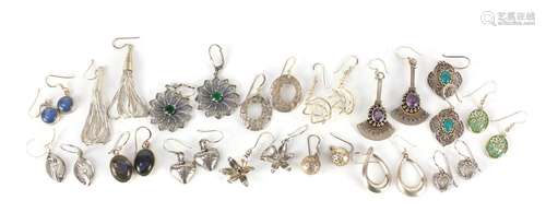 Fifteen pairs of silver and white metal earrings, some set with semi precious stones, approximate