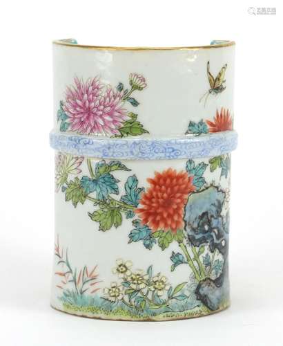 Chinese porcelain naturalistic vase, finely hand painted in the famille rose palate with a butterfly