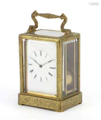 19th century French carriage clock striking on a bell, by Augste of Paris, with floral chased