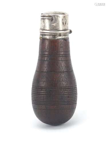 Miniature 19th century silver mounted treen powder flask, 7cm in length : For Further Condition