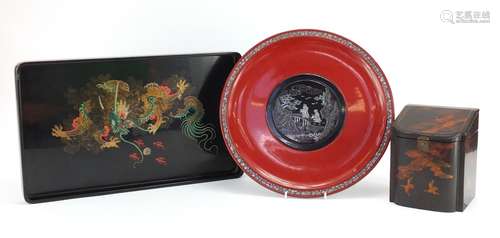 Oriental lacquer including a Japanese tea caddy decorated with birds of paradise and a dragon