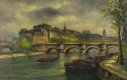 Manner of Emile Boyer - Paris river scene, oil on board, mounted and framed, 69cm x 44cm : For