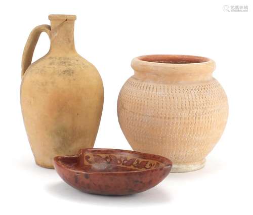 Two Roman style terracotta vessels and a bowl, the largest 27cm high : For Further Condition Reports