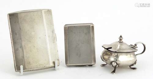 Rectangular silver vesta, matchbox case and mustard, various hallmarks, the largest 8.5cm wide,