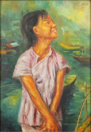 Portrait of an Asian child standing by a river, South East Asian school oil on canvas, bearing