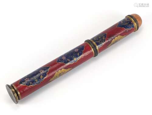 Turkish Islamic lacquered Kubur pen box, hand painted with panels of stylised flowers, 34.5cm in