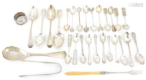 Georgian and later silver flatware including souvenir teaspoons, serving spoons and napkin ring,