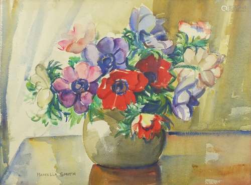 Marcella Smith - Still life flowers in a vase, watercolour, framed, 41cm x 30cm : For Further