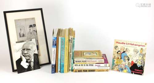 Osbert Lancaster ephemera comprising sixteen books, signed black and white photograph, the books