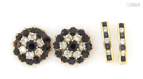 Pair of 9ct gold diamond and sapphire earrings and a pair of blue and clear stone cluster earrings :