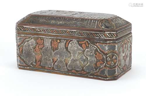 Egyptian brass Cairo Ware casket with canted corners and copper and silver inlay, depicting