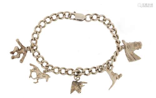 Silver charm bracelet with silver and enamel charms including kangaroo, horse and chimpanzee, 18cm