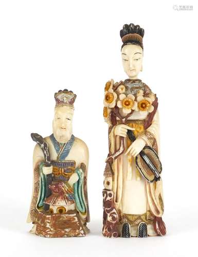 Two Chinese part stained carved ivory figural snuff bottles, the largest 10cm high : For Further