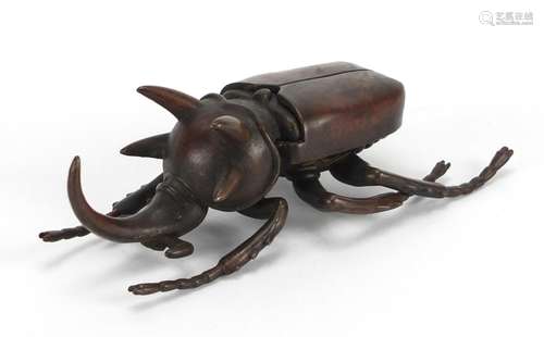 Japanese patinated bronze rhino horn beetle with articulated wings, 11cm in length : For Further