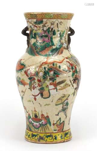 Chinese crackle glazed vase with twin handles, hand painted in the famille verte palette with