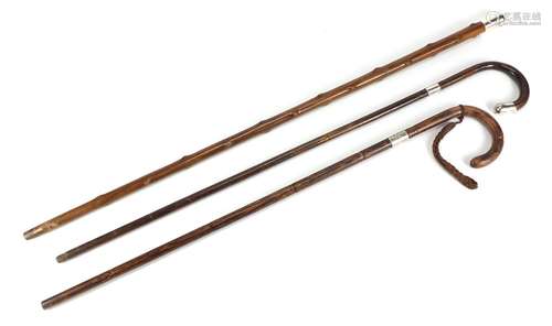 Three walking sticks with silver mounts, various hallmarks, the largest 90.5cm in length : For