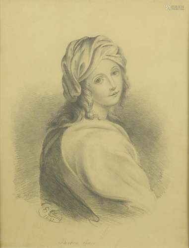 Top half portrait of a young female, Beatrix Cence, 19th century pencil, bearing a monogram EC,