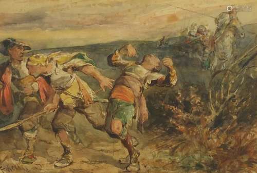 Frederick Weekes - Fleeing the Scene, signed watercolour, inscribed label verso, mounted and framed,