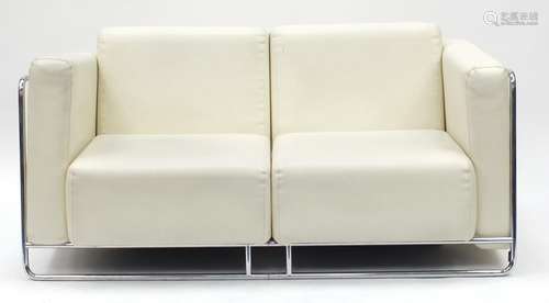 Contemporary cream faux leather and chrome framed two seater settee, 150cm wide : For Further