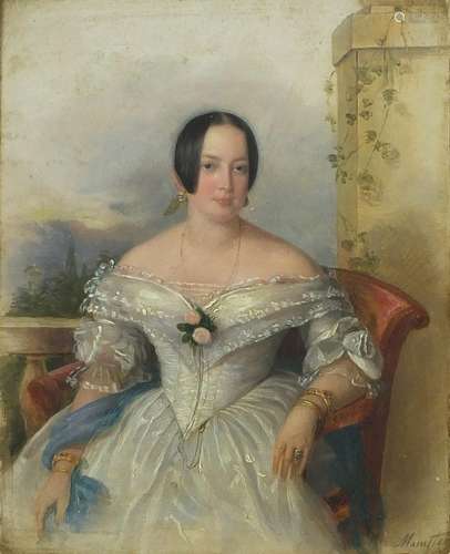 Portrait of a young female sitting in a chair, 19th century oil on card, bearing a signature