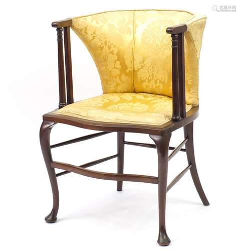 Edwardian mahogany tub chair with gold floral upholstery, 82cm high : For Further Condition