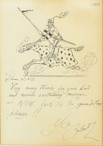 Osbert Lancaster - Knight on horseback, ink illustration with inscription, The Parker gallery