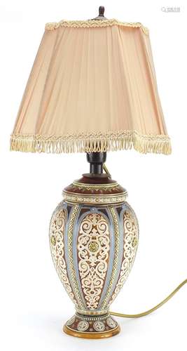 Mettlach pottery table lamp with shade, incised with stylised motifs, overall 50cm high : For