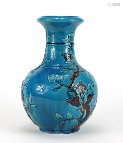 Chinese turquoise glazed porcelain vase, hand painted and decorated in low relief with fruiting