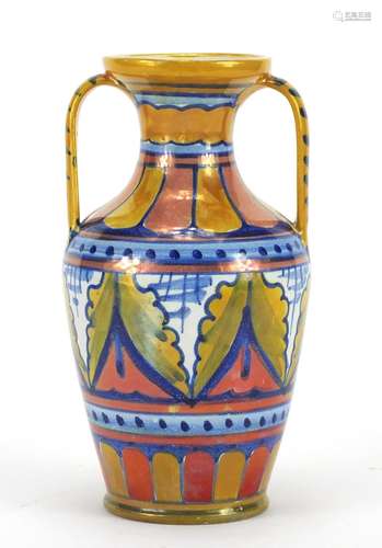 19th century Italian lustre glazed vase with twin handles, painted marks and inscribed Cellini to