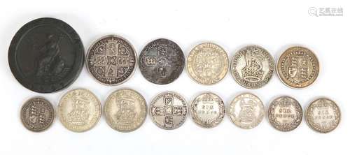 William III and later British coinage mostly silver including 1698 shilling, cartwheel two pence and