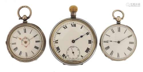 Three silver cased pocket watches including Kay Jones & Co, the largest 4.8cm in diameter : For