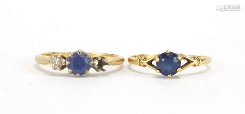 Two unmarked gold rings, set with blue stones and a diamond, approximate weight 3.7g : For Further