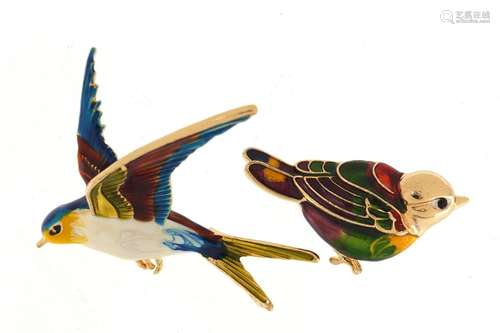 Two gilt metal and enamel bird brooches, the largest 5cm in length : For Further Condition Reports