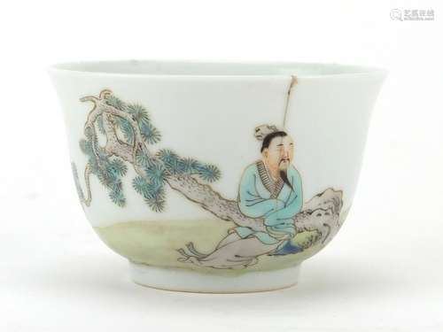 Chinese porcelain tea bowl, finely hand painted with a figure beside a pine tree and a crane, blue