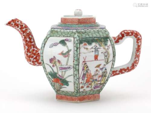 Chinese porcelain hexagonal teapot, hand painted in the famille rose palette with panels of figures,