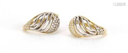 Pair of 18ct two tone gold diamond earrings, 1.6cm in length, approximate weight 3.9g : For