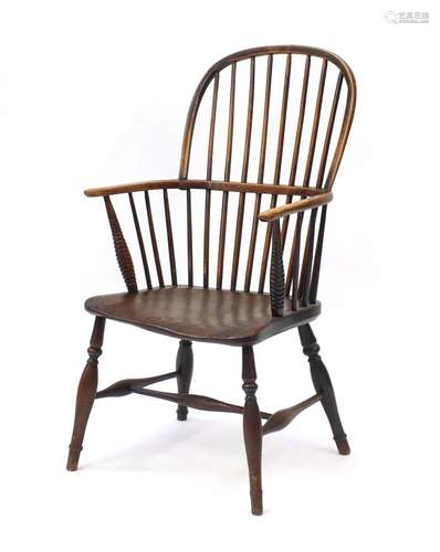 Antique oak and elm comback chair, the seat stamped JC, 96cm high : For Further Condition Reports