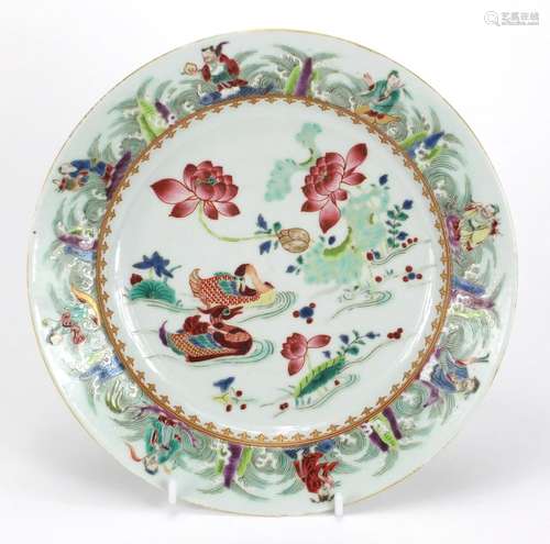 Chinese porcelain plate finely hand painted in the famille rose palette with ducklings amongst