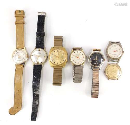 Seven vintage gentleman's wristwatches including Swiss Emperor Alarm, Ingersoll and Buler : For