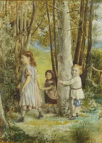 J A Innes - Three children playing in woodland, 19th century watercolour, mounted and framed, 30.5cm