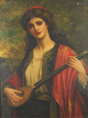 Portrait of a female playing a musical instrument, Pre-Raphaelite school oil on board, bearing a