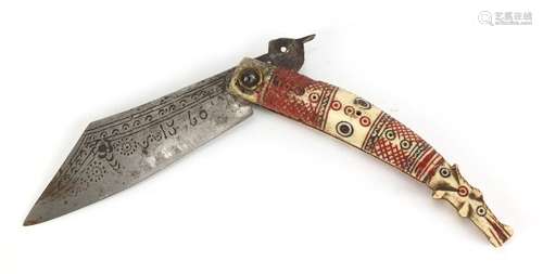 Continental folding knife with carved bone handle and steel blade, 23cm in length : For Further