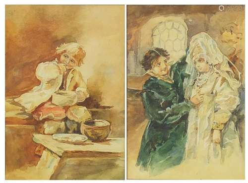 After Elizabeth Boehm - Figures in an interiors, pair of 19th century Russian school watercolours,