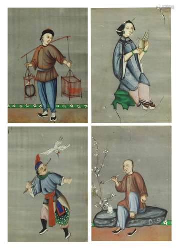 Four Chinese watercolour pith paintings, depicting figures, two pairs, mounted and framed, each 13.