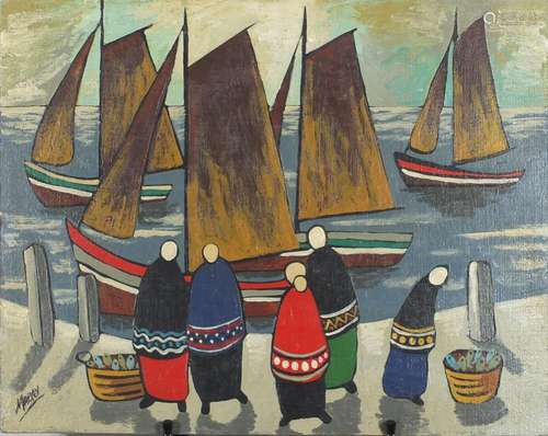 Figures before water with boats, Irish school oil on canvas board, bearing a signature Markey,