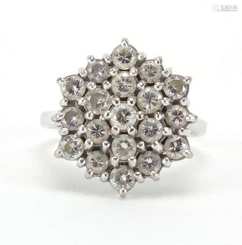 18ct white gold diamond three tier cluster ring, size N, approximate weight 6.9g : For Further