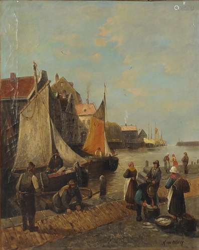 Kirk Van Hoom - Dutch harbour with fishing boats and fishermen, 19th century oil on canvas,